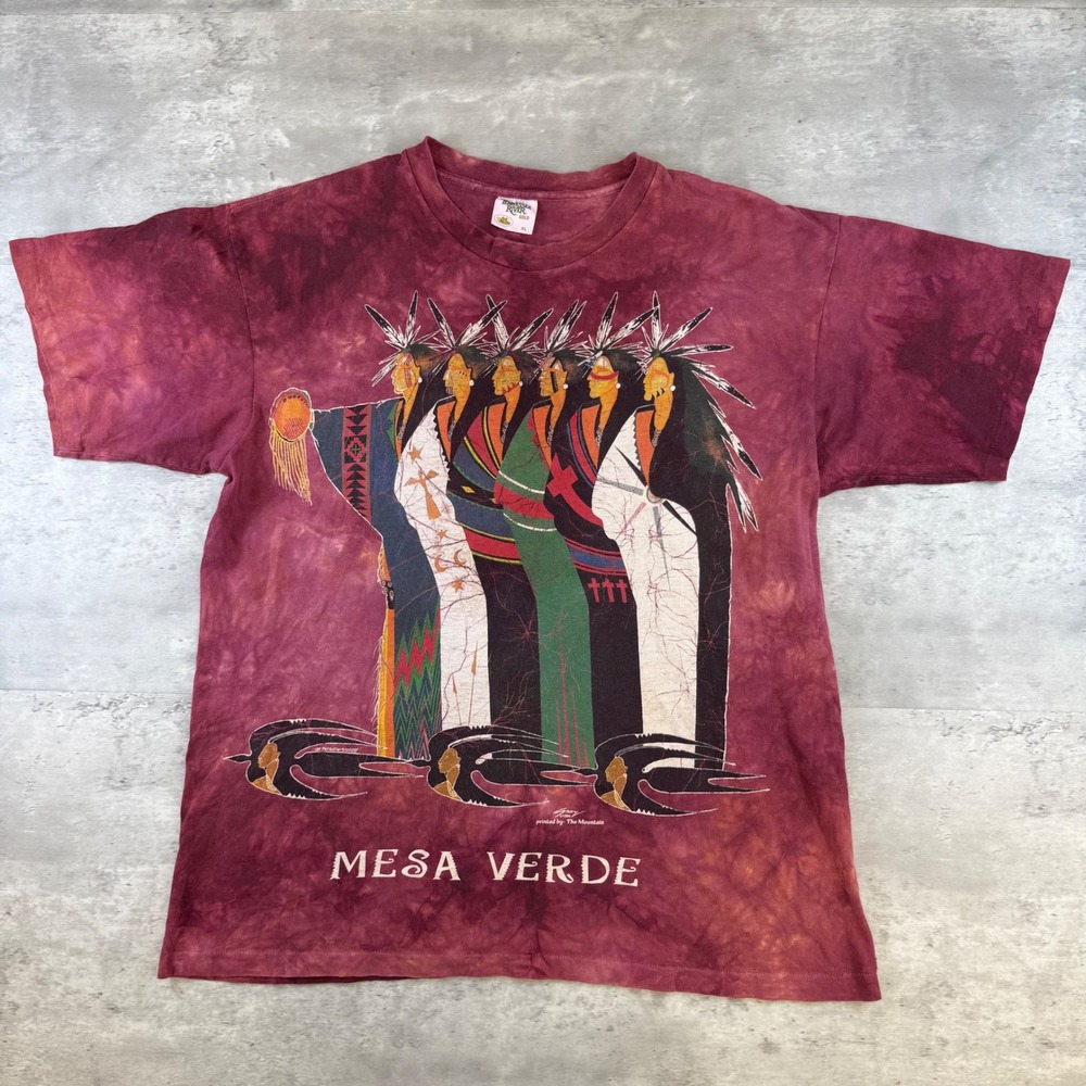 Vintage 1996 The Mountain Mesa Verde Native American Tie Dye Shirt XL Burgundy